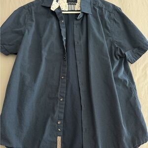 Men’s denim and flower navy and white dot button down